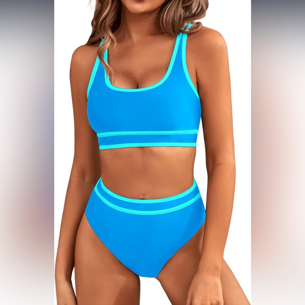 NWT High Waisted BMJL Bright Teal Color Block Bikini Bathing Swim Suit, SIZE MED